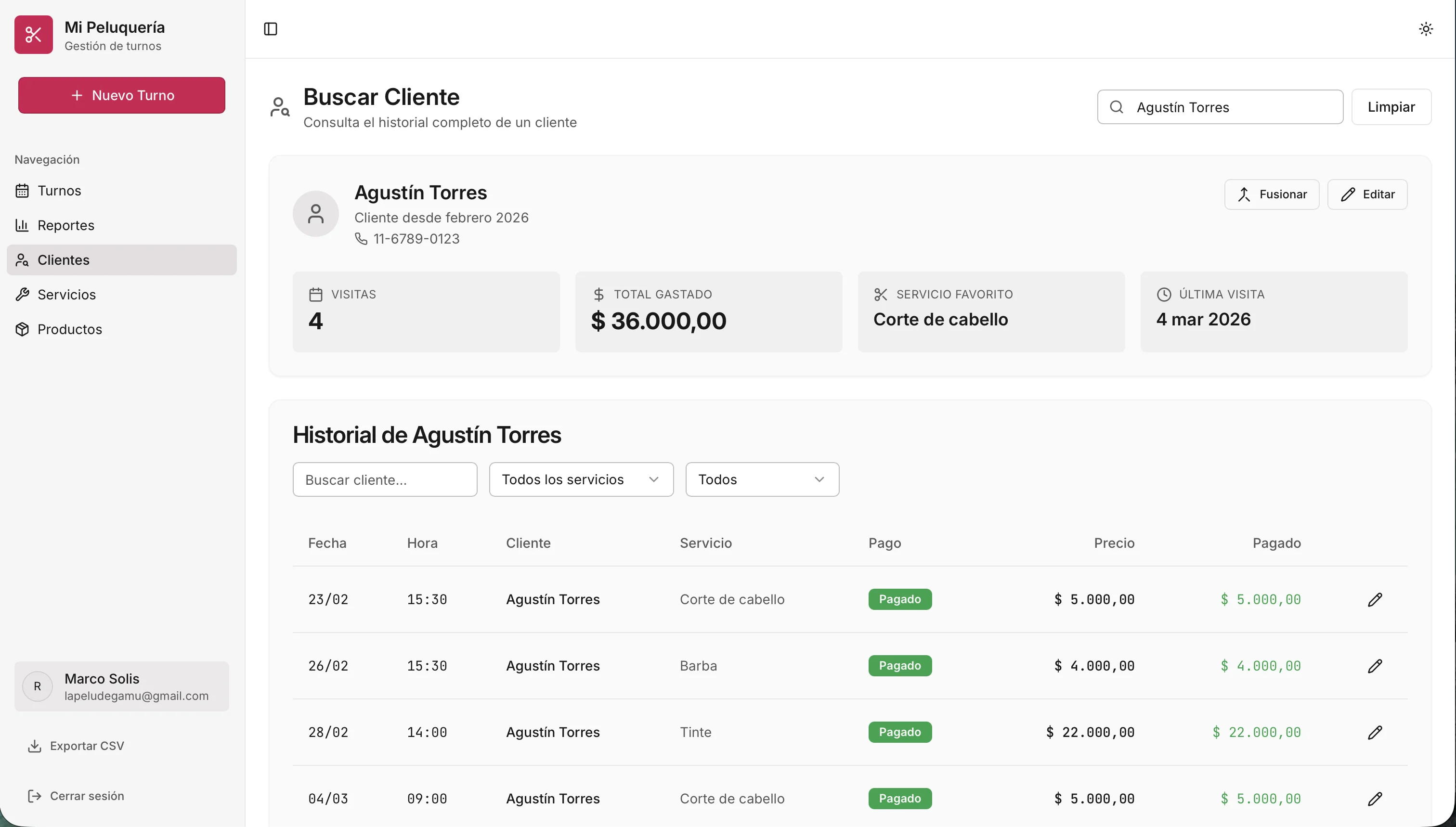 Búsqueda y historial de clientes