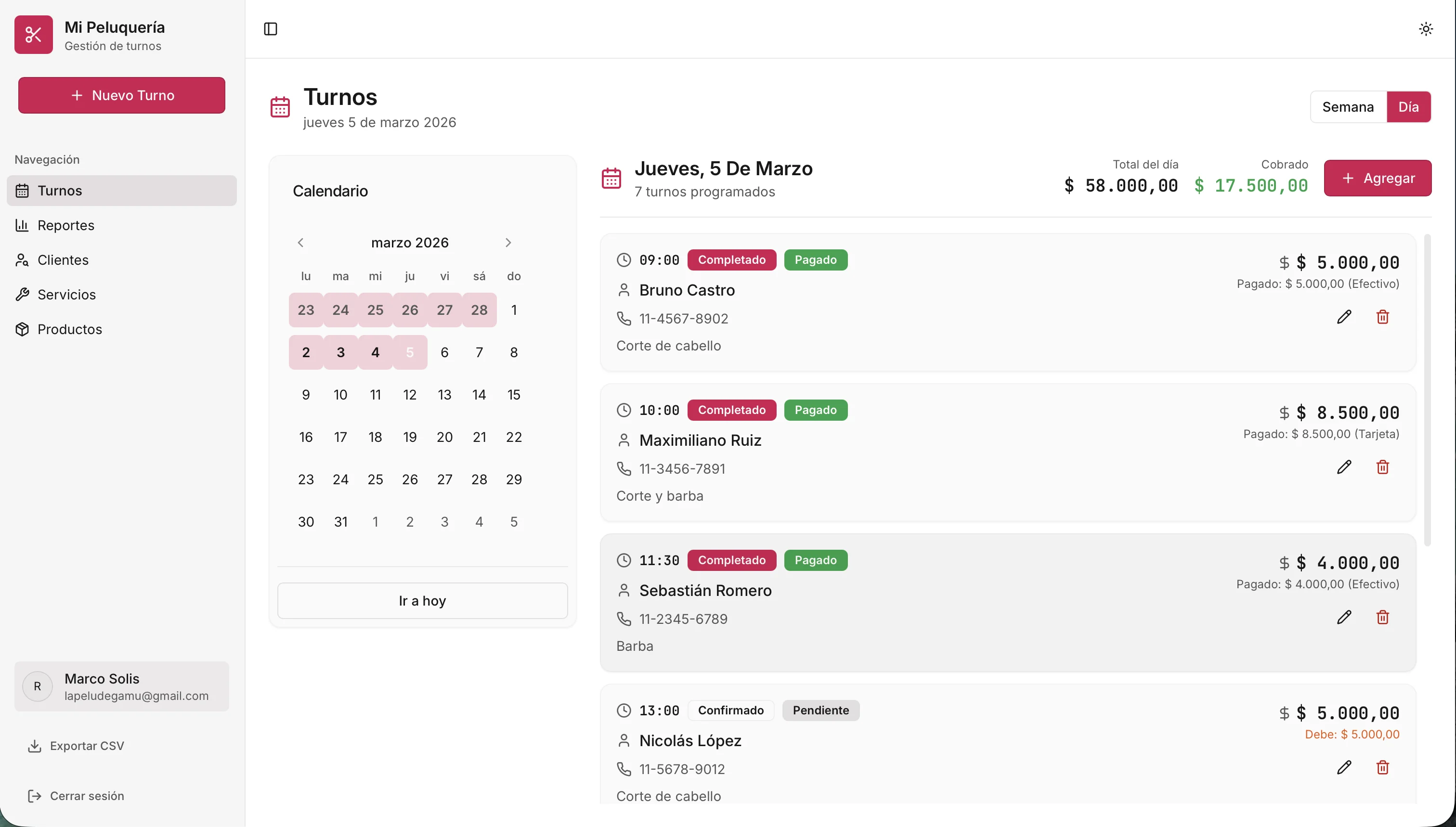 Vista diaria con registro de cobros